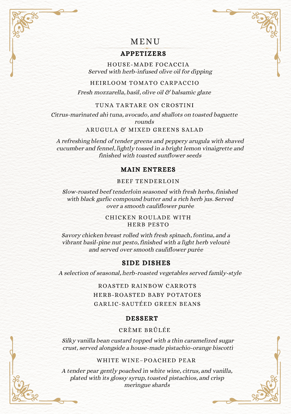 Gourmet Dinner Menu